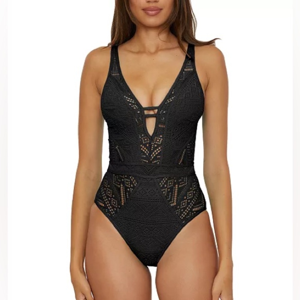 BECCA by Rebecca Virtue Black Lace One-Piece Swimsuit with Plunging V-Neckline